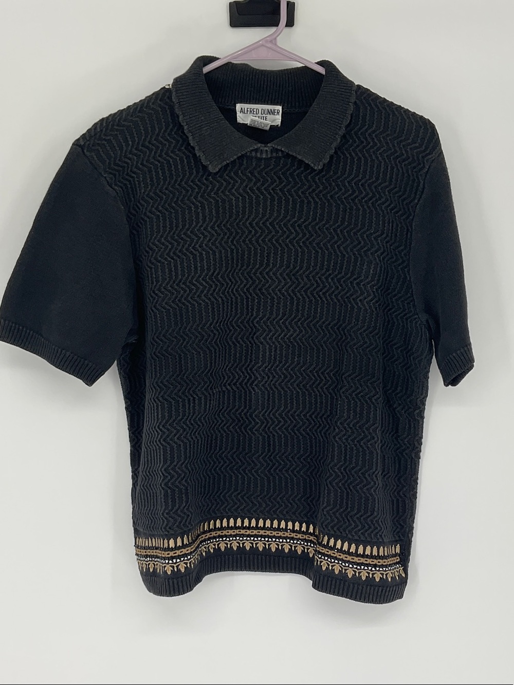 Alfred Dunner Black Polo with Gold Hem Embroidery